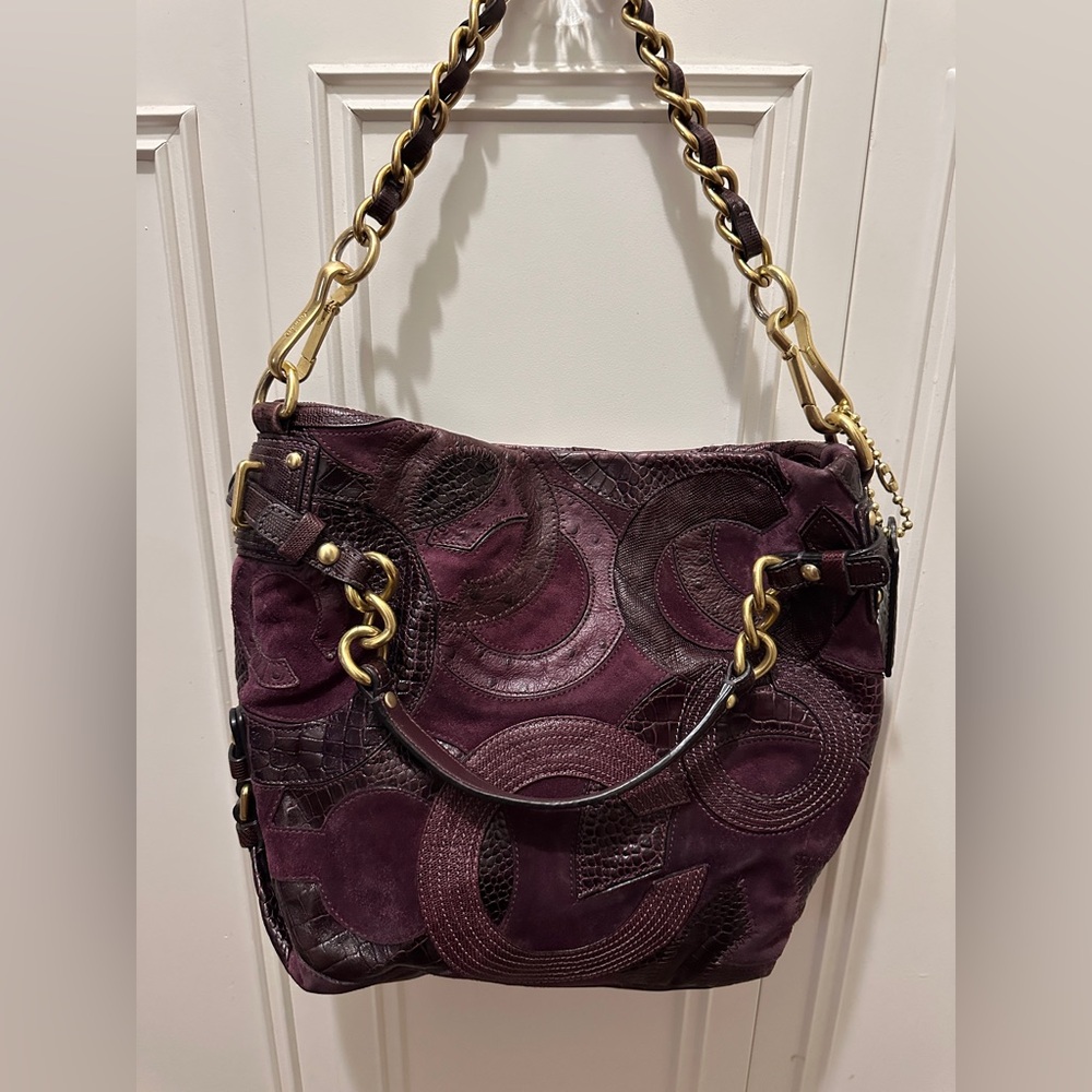 Vintage Coach Inlaid C Brooke Shoulder Bag Plum Purple Leather Suede Y2K Hobo